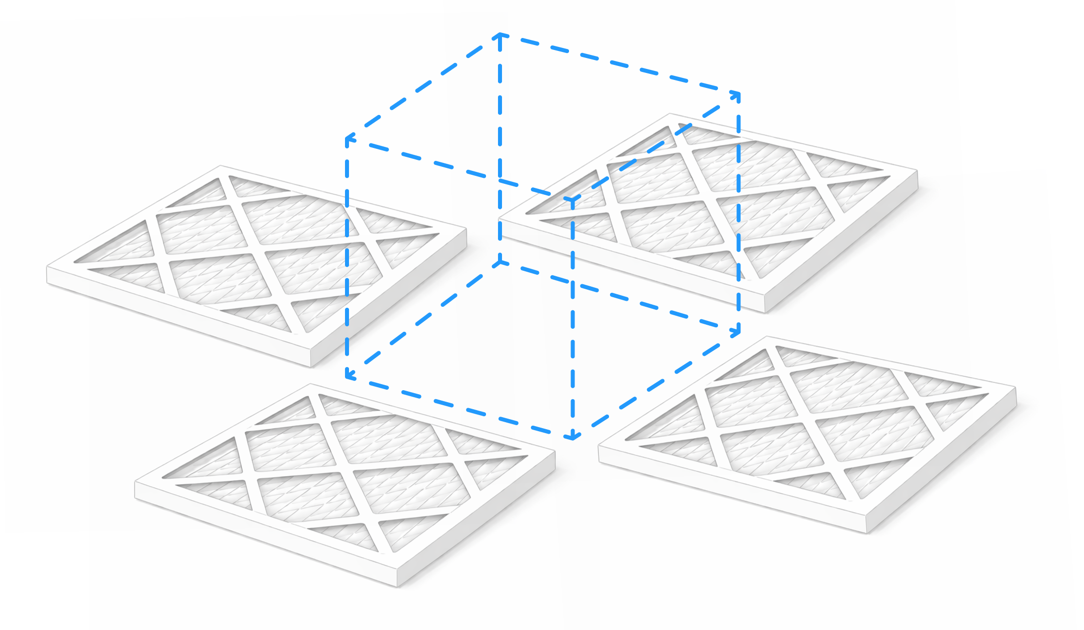 Four MERV-13 filters laid flat showing how they arrange into a cube, with dashed blue lines indicating the cube shape they will form