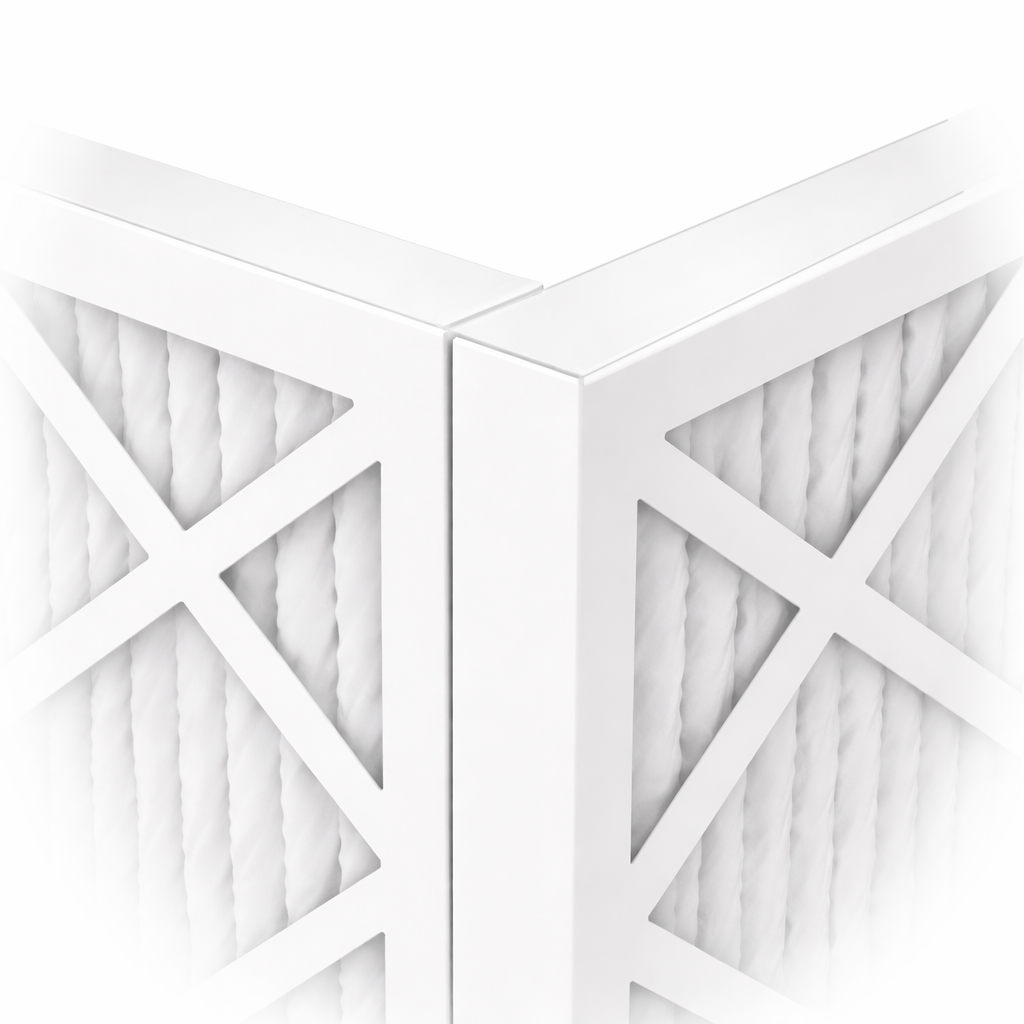 Close-up of two filters joined at a corner showing the staggered overlap where one filter's edge butts flush against the face of the adjacent filter