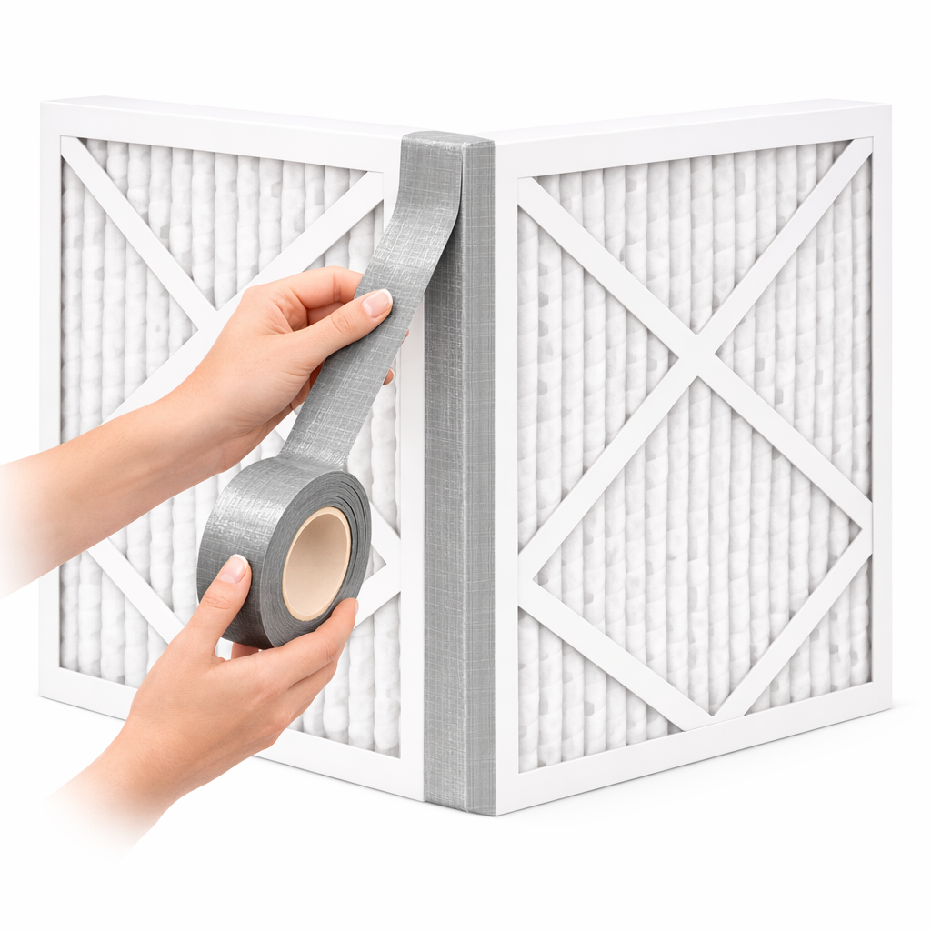 Hands applying duct tape along the vertical seam between two upright filters joined at a corner