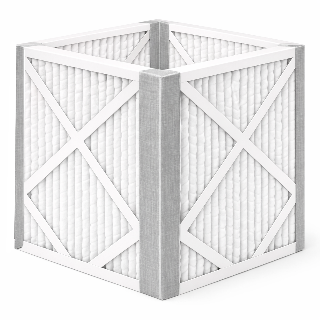 Inside view looking down into the completed filter cube showing duct tape sealing all four interior vertical seams