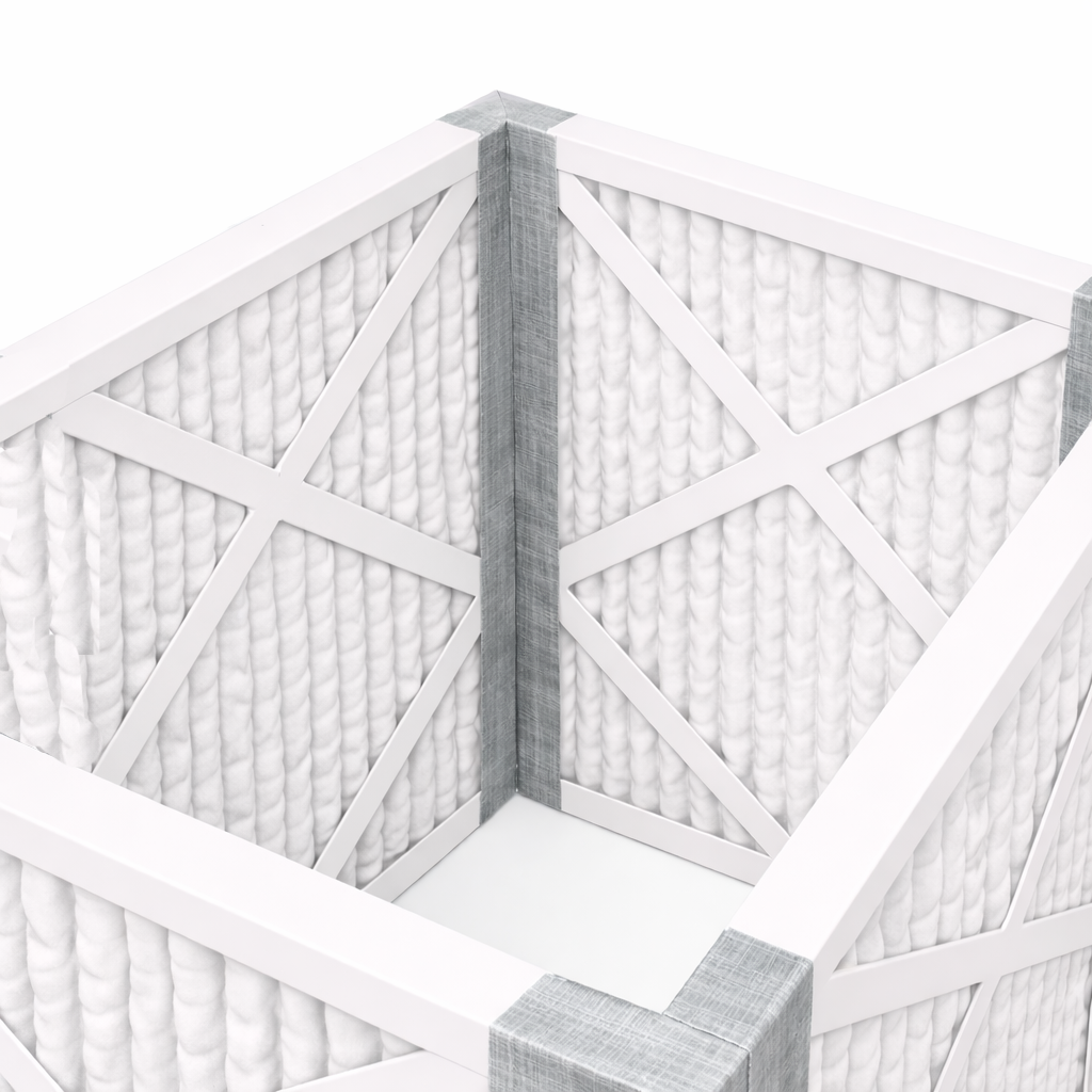 All four filters taped into a complete open cube with duct tape on all four vertical corner seams, open at top and bottom