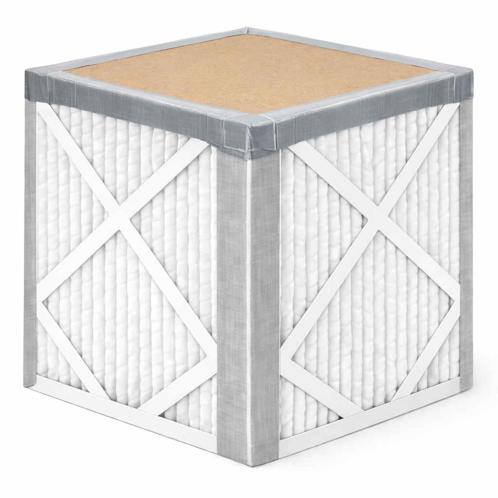 Completed filter cube with cardboard sealed to the bottom using duct tape, all four vertical seams taped