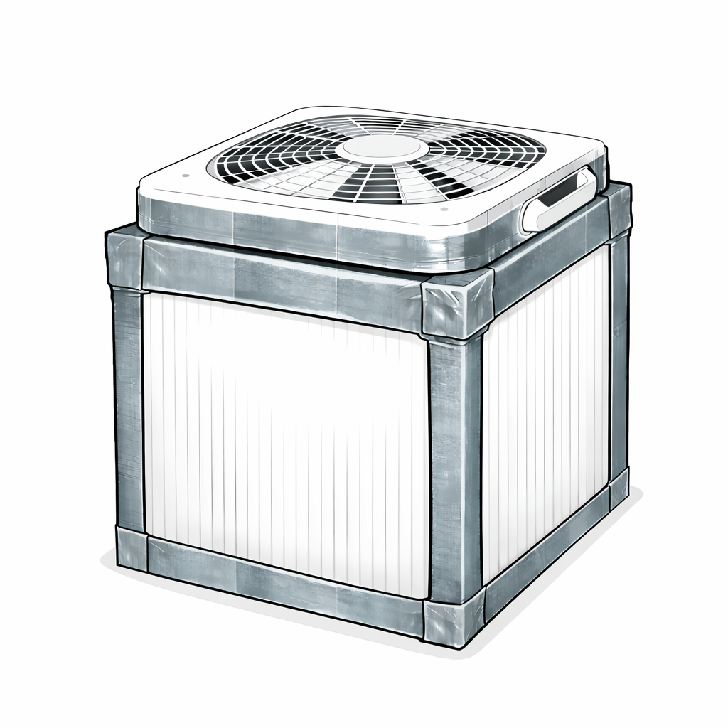 Box fan mounted on top of the filter cube, fan-side up, with duct tape sealing the fan frame to the top edge of the filters