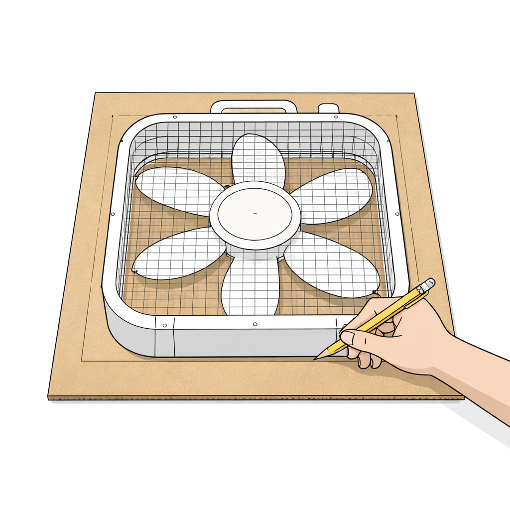 Hand tracing the outline of a box fan onto a piece of cardboard using a pencil, showing how to mark the shroud cutout