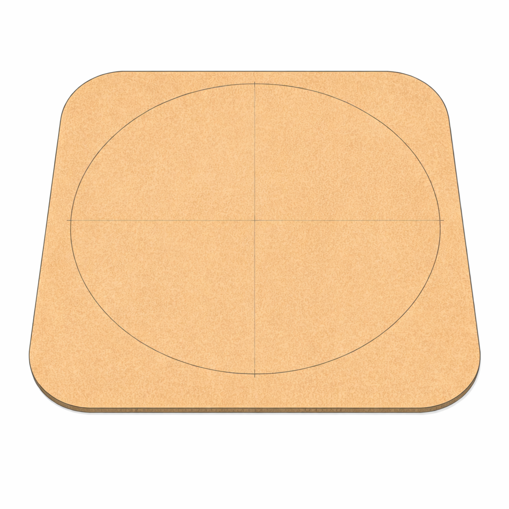 Finished cardboard shroud piece with a large circular cutout marked at the center, ready to be cut