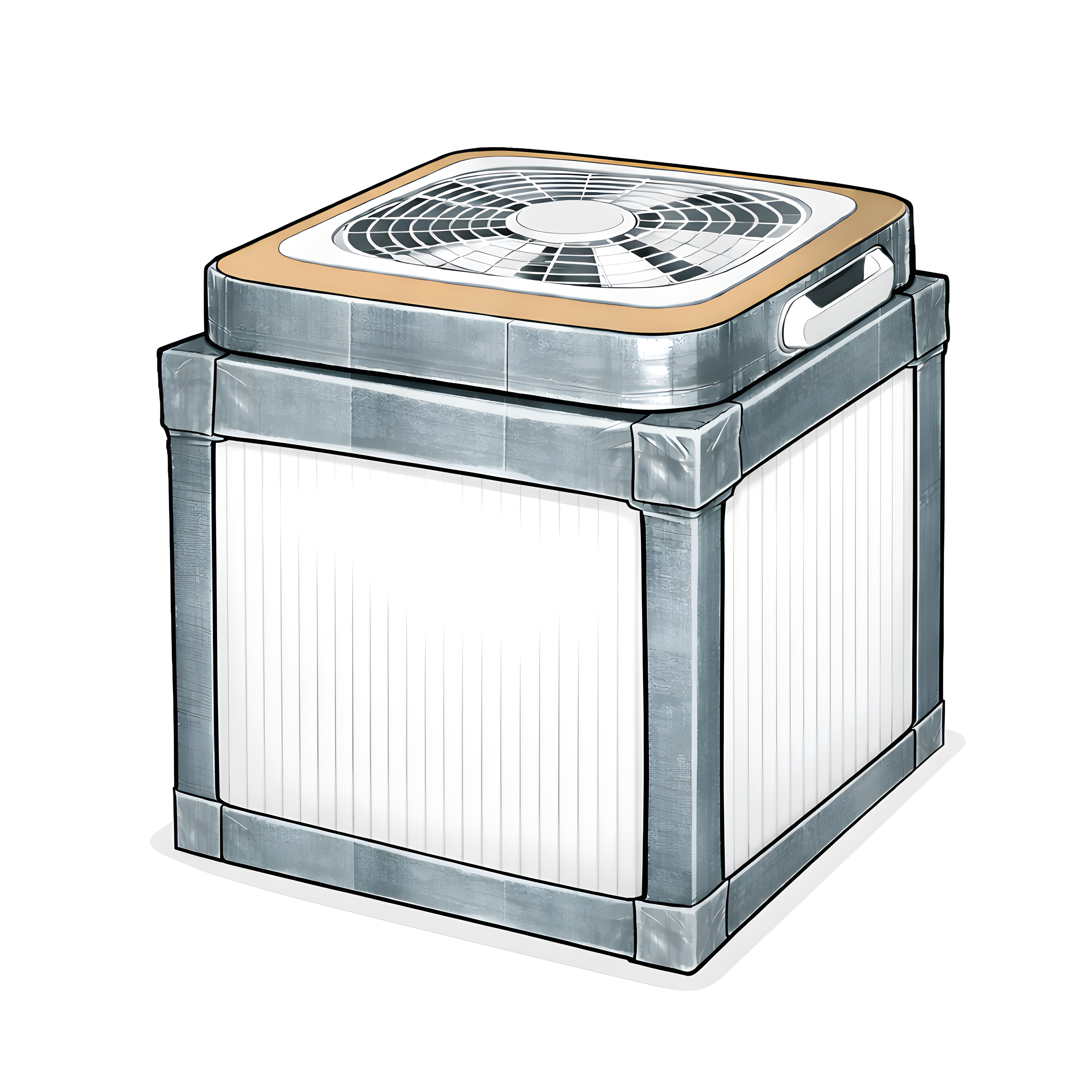 Completed Corsi-Rosenthal Box with cardboard shroud taped on top of the fan, showing the finished assembly